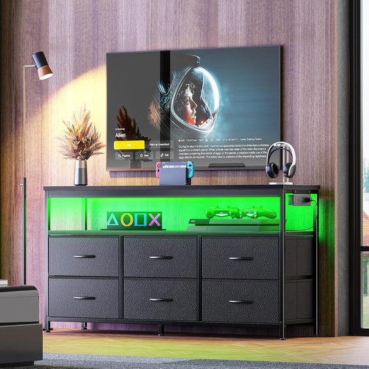 LED TV Stand for Bedrooms and Living Rooms, 47-Inch Dresser with Storage for 43, 50, and 55-Inch TVs, Black Entertainment Center with Power Outlets and 6 Drawer Fabric Dresser