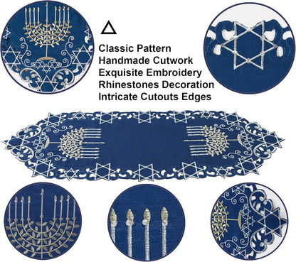 Hanukkah Blue Table Runner, Embroidered Chanukah Menorah Table Runners 36 Inches Long, Jewish Festival Holiday Party Table Decor Indoor Outdoor Dresser Scarf for Kitchen Dining Home Decorations