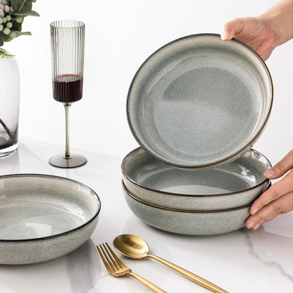 Large 9-Inch Ceramic Pasta Bowls Set of 4, 38oz Stoneware Serving Bowls for Kitchen, Versatile Wide Bowls for Fruit, Pasta, Salad, Oatmeal, Microwave Safe with Reactive Glaze in Green Wheat