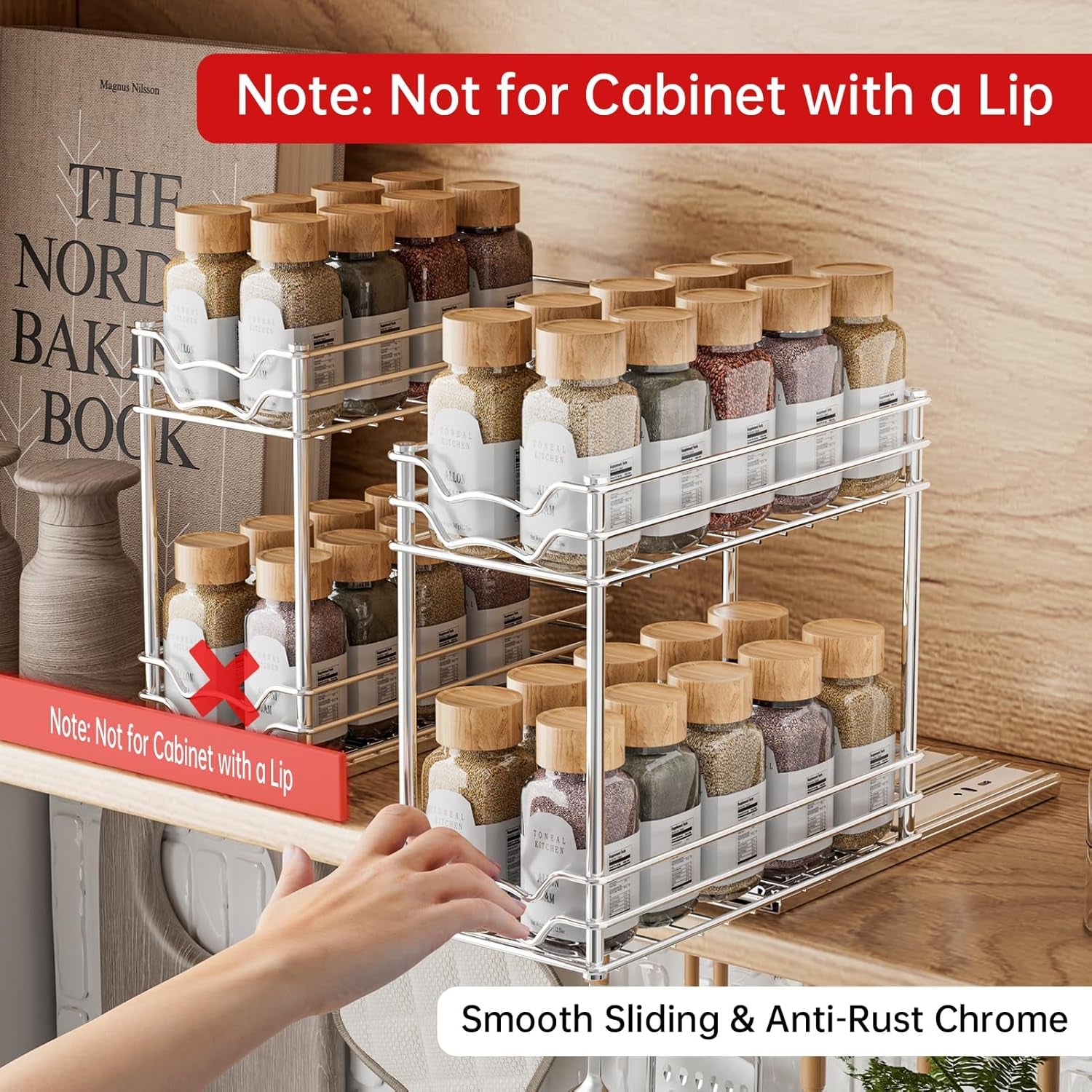 Pull Out Spice Rack Organizer for inside Cabinet, Slide Out Spice Organization for Cabinet, 4.9''Wx10.4''Dx9.57''H, Chrome Vertical Sliding Seasoning Organizer - 2 Tier