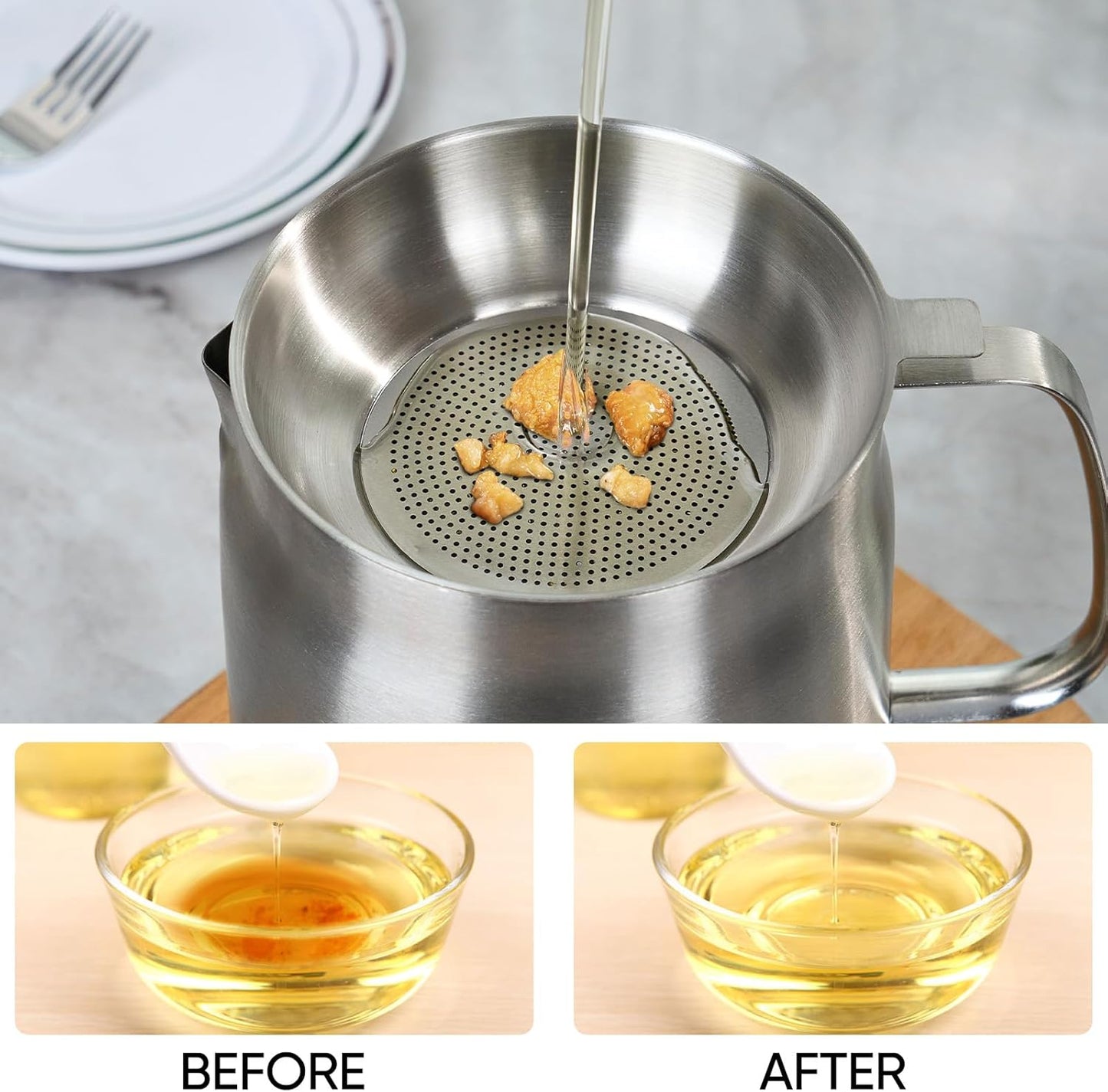 68Oz/2L 304 Stainless Steel Oil Container, Cooking Oil Filter Pot with Mesh Strainer, Grease Container with Lid for Kitchen, Dishwasher Safe