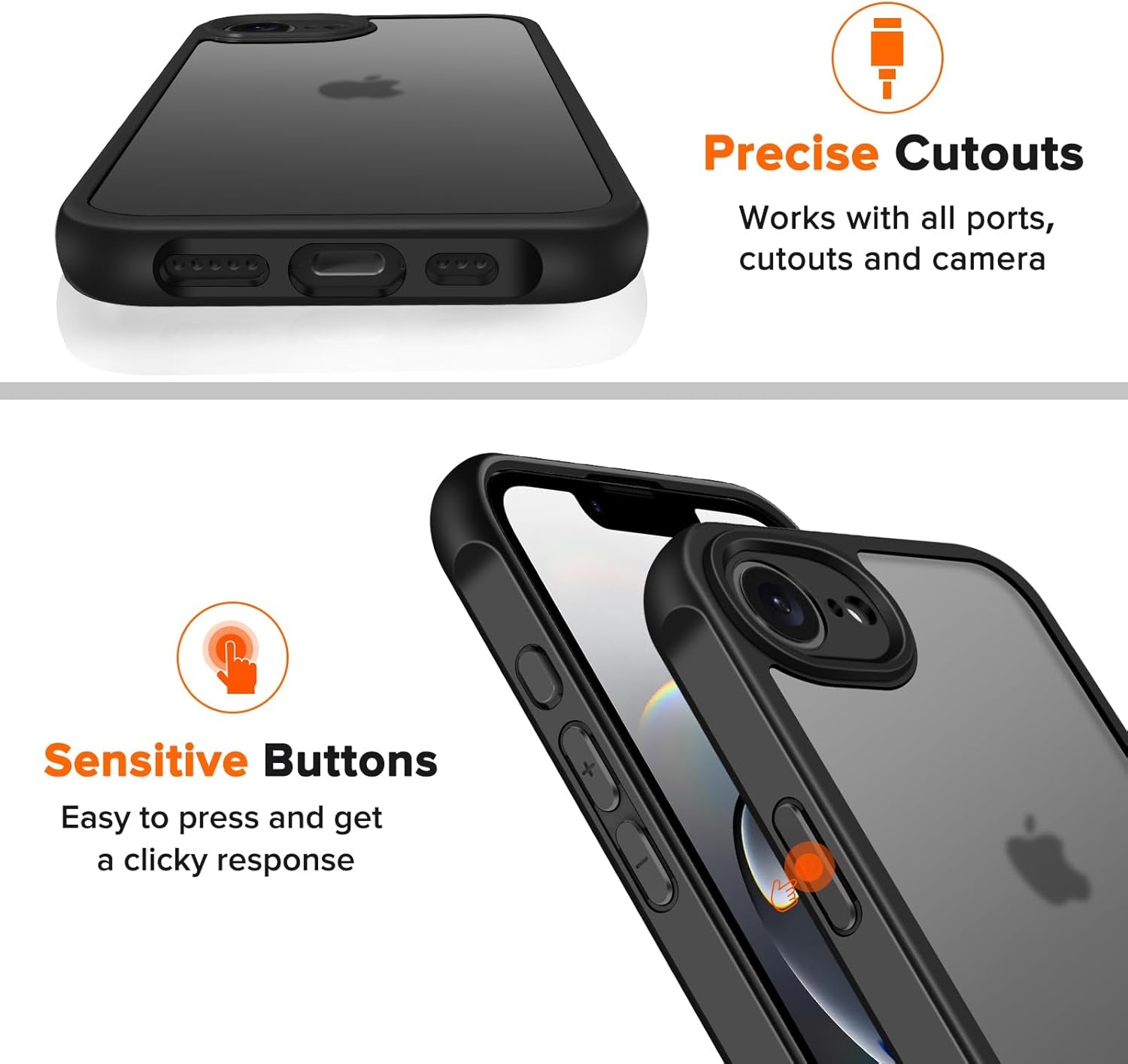 3-In-1 Case for Iphone 16E 6.1" 2025 with 2 Pack Tempered Glass Screen Protector [Military Grade Protection], Frosted Translucent Back Phone Cover- Matte Black