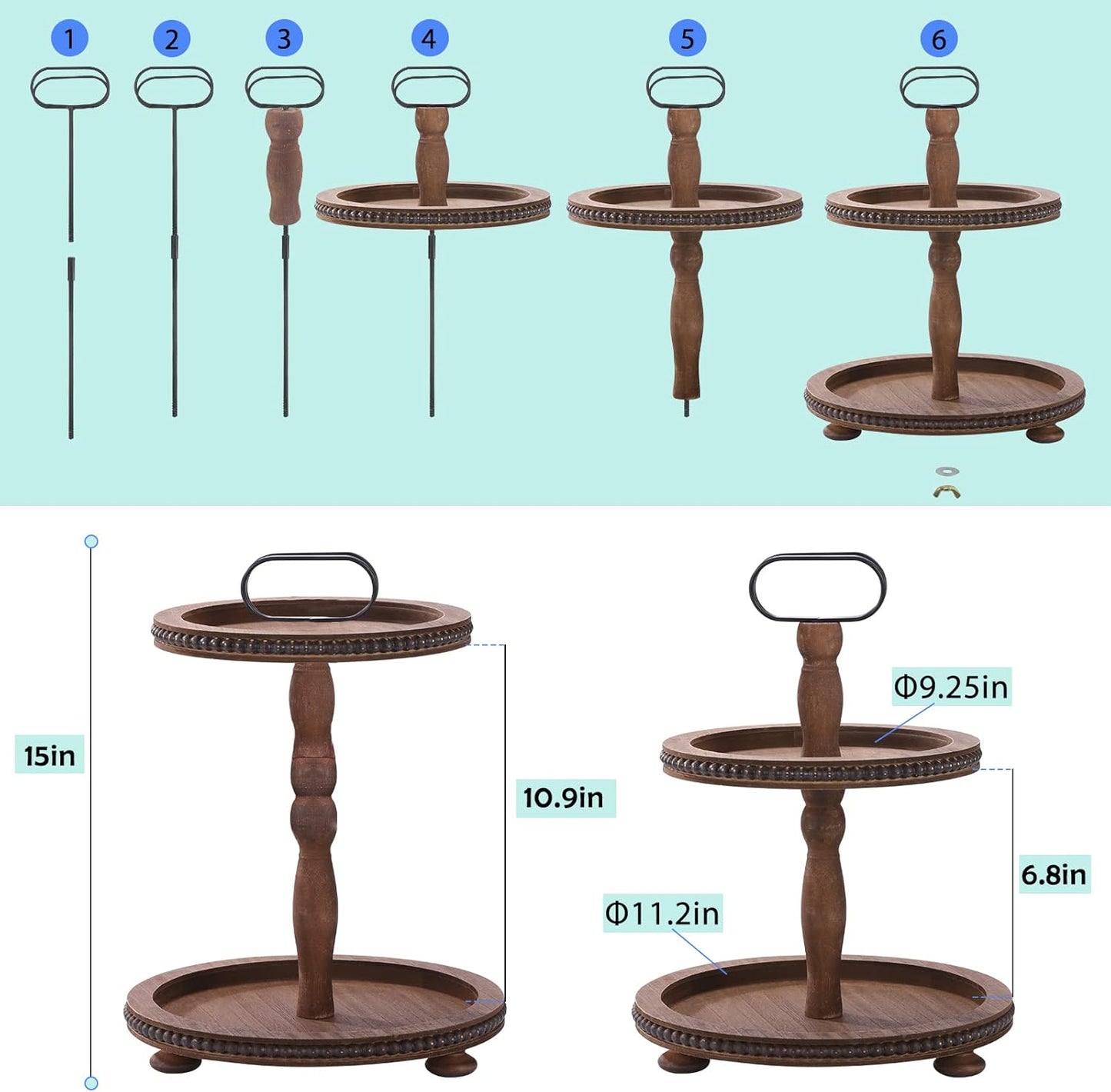 Wooden Decorative Tray Two Tiered Tray Decorations round Serving Tray with Metal Handle, Wooden Cupcake Stand for Party Tiered Dessert Stand - Dark Brown Farmhouse Wood Tray