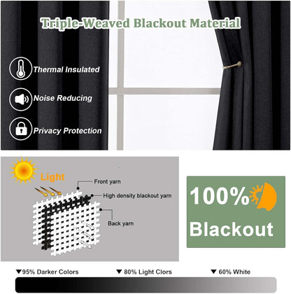 Total Black Blackout Curtains 63 Inch Length 2 Panels for Bedroom Living Room, Solid Thermal Insulated Soundproof Energy Saving Grommet Widow Treatment Curtain Blackout Drapes, 40"Wx63"L, Black