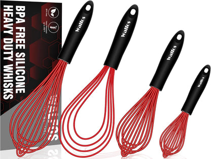 Whisk,Silicone Whisks 11'' Flat Whisk and 7''+9''+11'' Balloon Wisk Set for Blending Beating Stirring and Kitchen Cooking.Bpa Free and Heat Resistant 480°F.Red