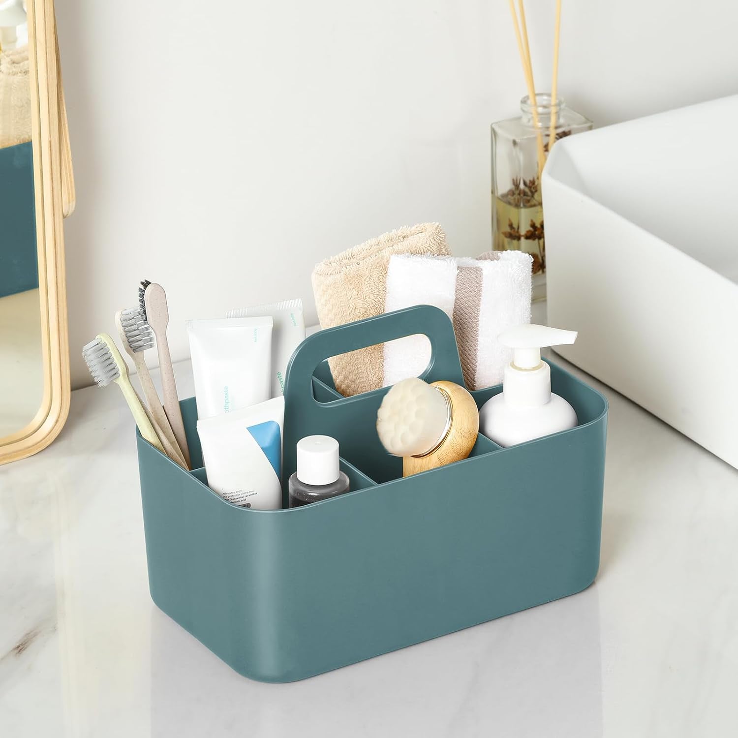 Multiuse Caddy Organizer with Handle - Stackable Plastic Tote Bin - Art Craft Supplies, Office, Desk, Stationery Pen Holder, Kitchen, Utensil, Makeup, Bathroom, Shower, Cleaning, Dorm Organizer - Cyan