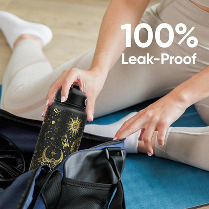 32 Oz Insulated Stainless Steel Water Bottle with Flip Straw and Handle, Leak Proof, Reusable, Wide Mouth Design - Golden Sparkle for Travel, Gym, and School