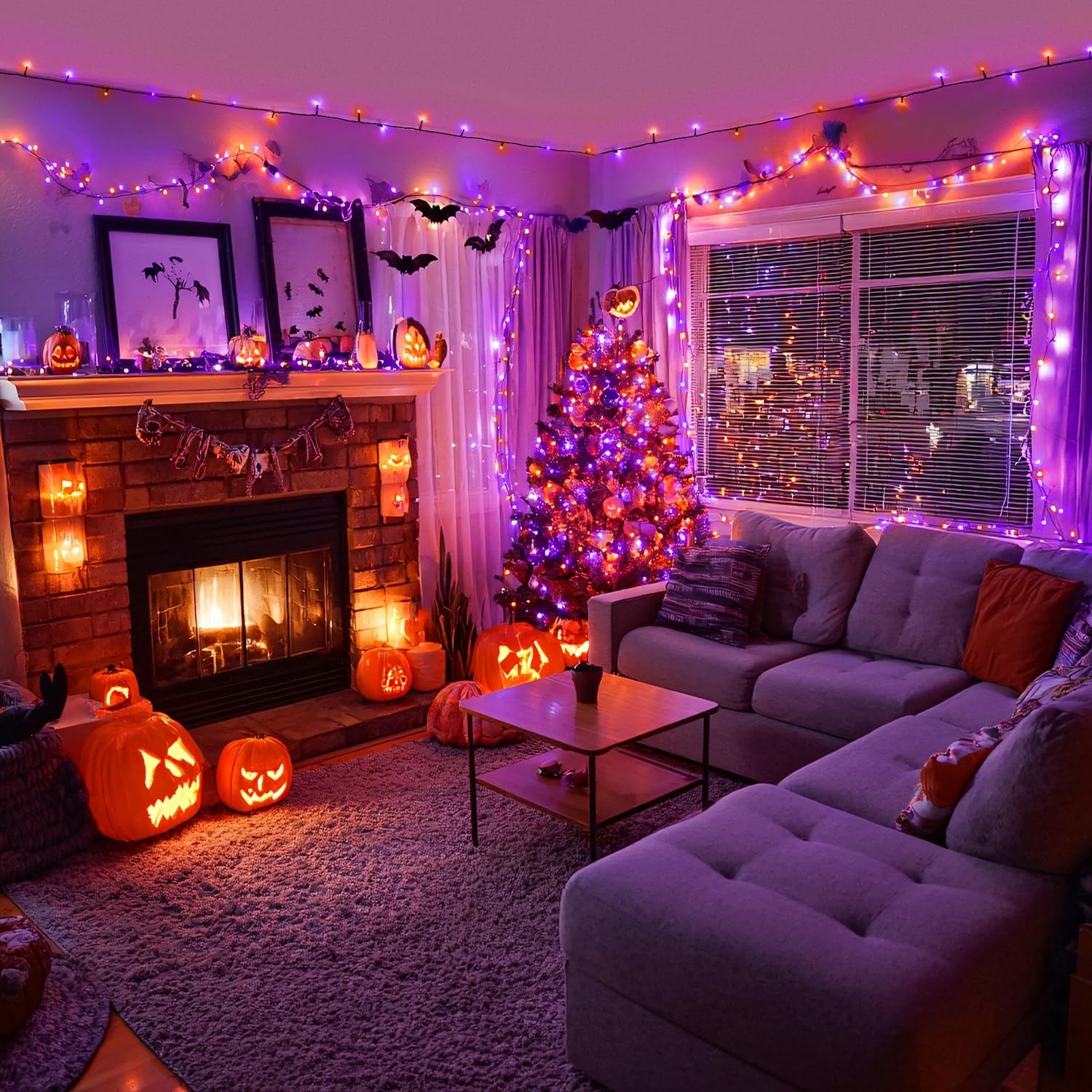 Orange and Purple Halloween Lights: 132Ft 400 LED String Lights Plug in - Halloween Lights Indoor Outdoor for Yard Tree Porch