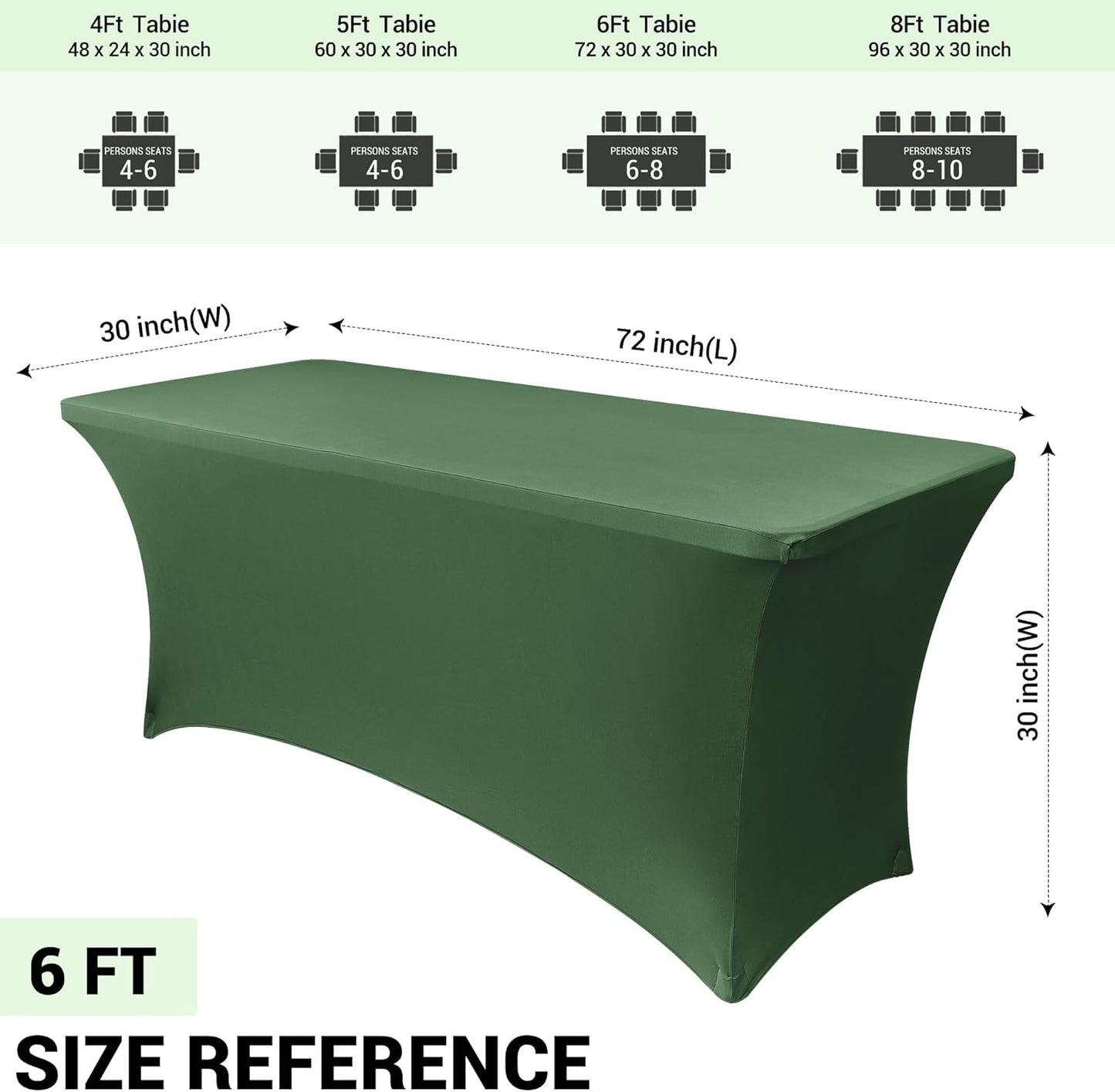 6Ft Blackish Green Stretch Spandex Table Cover for Standard Folding Tables - Universal Rectangular Fitted Tablecloth Protector for Wedding, Banquet and Party, 72L X 30W X 30H Inches, 2Pc