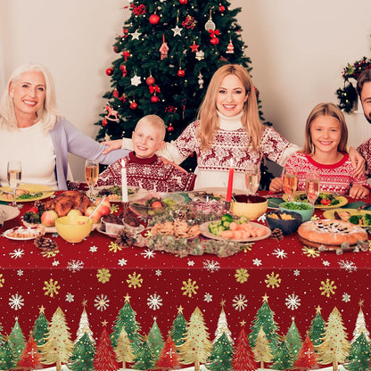 3Pcs Christmas Disposable Tablecloths Rectangle,Christmas Trees Red Plastic Table Cloth,Waterproof Winter Snowflakes Table Cover for Xmas Holiday Home Dinner Party Decorations,54 X 108 Inch