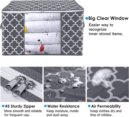 Storage Bags, Large Blanket Clothes Organization and Storage Containers for Bedding, Comforters, Foldable Organizer with Reinforced Handle, Clear Window,Sturdy Zippers,(Grey, 3 X 100L)