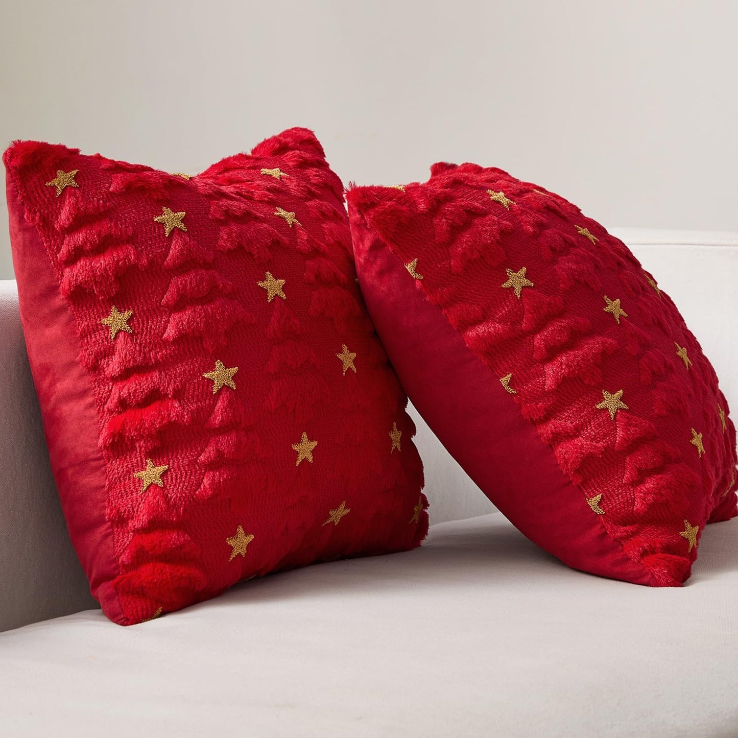 Christmas Pillow Covers 18X18 Inch Set of 2, Red Christmas Tree Plush Faux Fur Pillowcases Soft Decorative Throw Pillow Cases for Couch Sofa Living Room Winter Xmas Holiday Home Decor