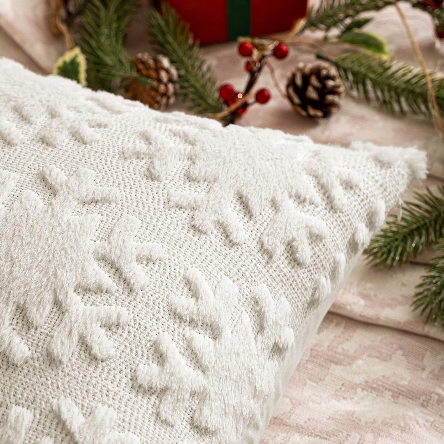 Christmas Snowflake Decorative Throw Pillow Covers Set of 2,Soft Fluffy Faux Wool Winter Holiday Couch Pillows for Farmhouse Boho Home Decor Sofa Bed Porch Living Room 18X18 Inch Cream White