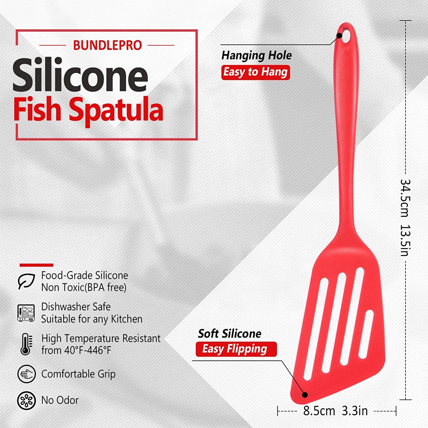 Pack of 2 Silicone Fish Spatula, Non-Stick Large Slotted Flipper Turner, High Heat Resistant Kitchen Cookwares for Frying, Cooking Seafood, Meat, Eggs, Omelets, Pancakes, Burgers