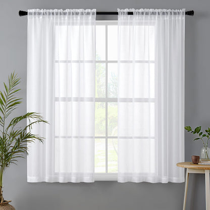 White Sheer Curtains Linen Textured 45 Inches Long 2 Panels for Bedroom Kitchen, Semi Transparent Farmhouse Rod Pocket Light Filtering Voile Window Drapes, W 42 X L 45 Inch Length