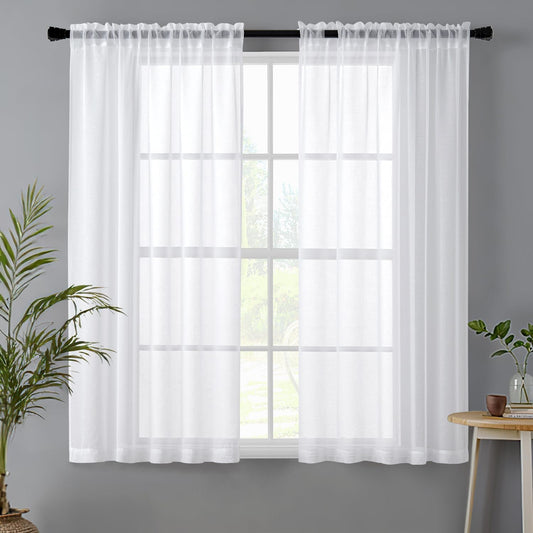 White Sheer Curtains Linen Textured 45 Inches Long 2 Panels for Bedroom Kitchen, Semi Transparent Farmhouse Rod Pocket Light Filtering Voile Window Drapes, W 42 X L 45 Inch Length