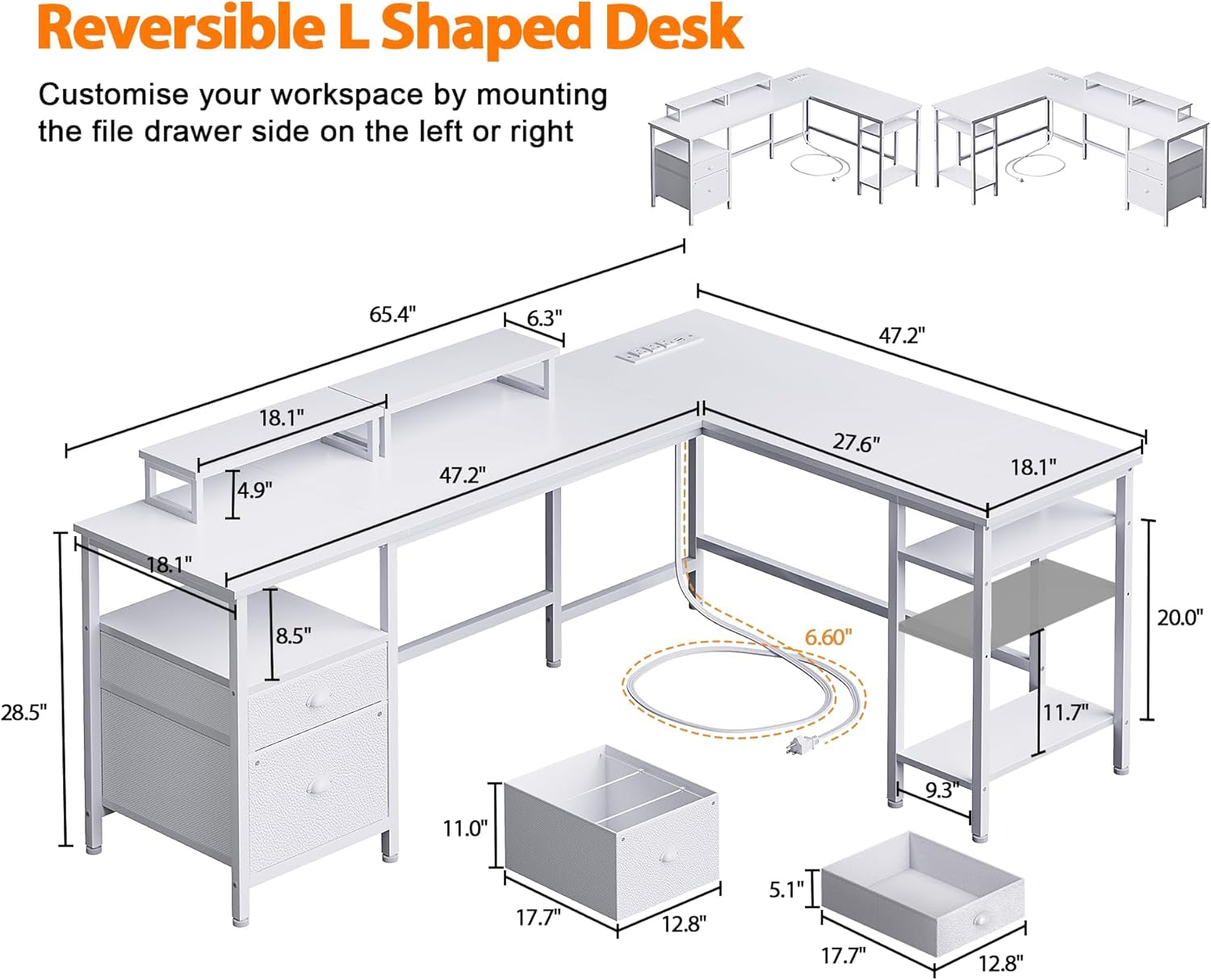 66” L Shaped Desk with Power Outlet, Reversible Computer Gaming Desk with File Drawer & 2 Monitor Stands for Home Office with Storage Shelves, White