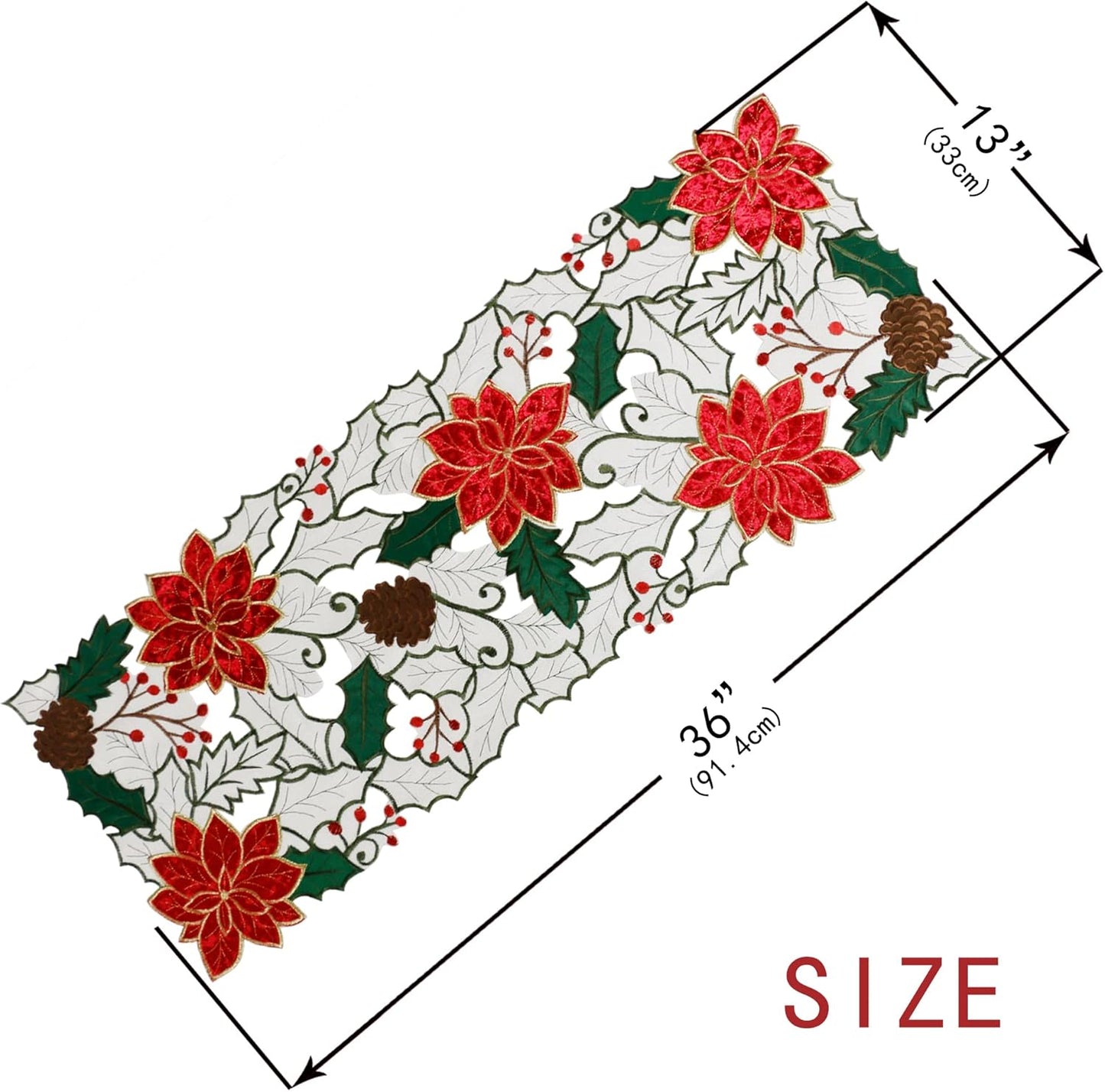 Christmas Table Runner, Embroidered Red Poinsettia Short Table Runner 36 Inches, White Textured Fabric Runner with Applique Velvet Flower for Dining Table, Holiday Table Decoration