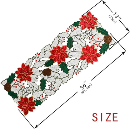 Christmas Table Runner, Embroidered Red Poinsettia Short Table Runner 36 Inches, White Textured Fabric Runner with Applique Velvet Flower for Dining Table, Holiday Table Decoration