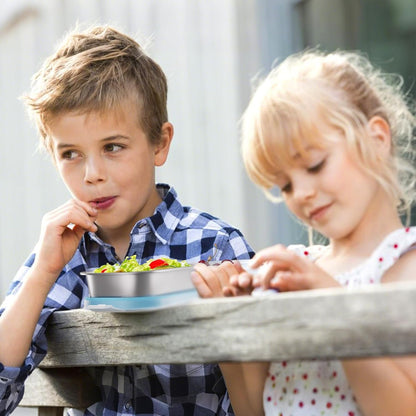 Stainless Steel Snack Containers for Kids Adults, 2 Pack 2 Compartment Metal Snack Containers Box with Lid, Reusable Food Storage Container, Leak Proof, Grab and Go, Blue