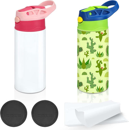 Kids Sublimation Tumbler,12Oz Sublimation Water Bottle Blanks,Straight Stainless Steel Todder Sippy Cup,2Pack Double Wall Insulated Sippy Tumbler with Handle,Shrink Films,Leak Proof
