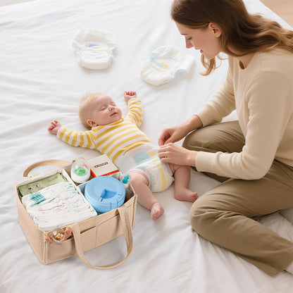 Baby Diaper Caddy Organizer - Portable Nursery Storage Basket for Newborn Essentials, Foldable Diaper Bag Organizer for Baby Shower Gifts and Registry Must-Haves, Car Organizer with Dividers (Brown)