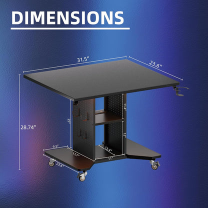 Small Rolling Gaming Desk with Led Lights Power Outlets and Storage Pegboard, Small Spaces Compact PC Computer Table Balck