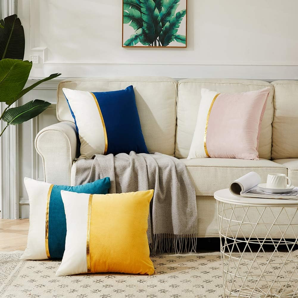 2 Packs Decorative Throw Pillow Covers 20X20 Inch for Living Room Couch Bed, Yellow and White Velvet Patchwork with Gold Leather, Luxury Modern Home Decor, Square Cushion Case 50X50 Cm