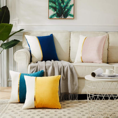 2 Packs Decorative Throw Pillow Covers 20X20 Inch for Living Room Couch Bed, Yellow and White Velvet Patchwork with Gold Leather, Luxury Modern Home Decor, Square Cushion Case 50X50 Cm