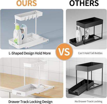 2 Pack under Sink Organizers and Storage, 2 Tier Pull Out Bathroom Cabinet Organizer, L-Shape White under Bathroom Kitchen Sink Organizer with Drawer for under Sink Storage Organizer