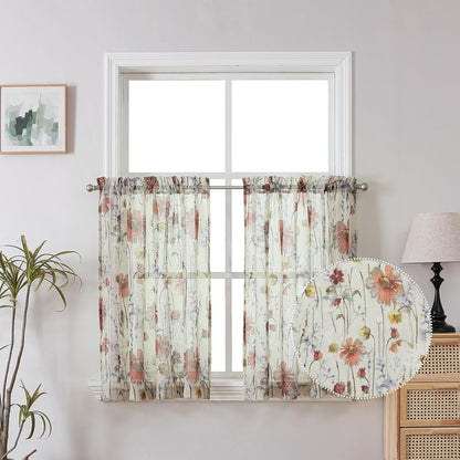Crushed Sheer Curtains Kitchen Tiers 36 Inch Length 2 Panels, Printed Design Small Window Half Curtains for Bathroom Cafe Bedroom Cupboard Living Room, Short Light Filtering Curtain, 42"X36"