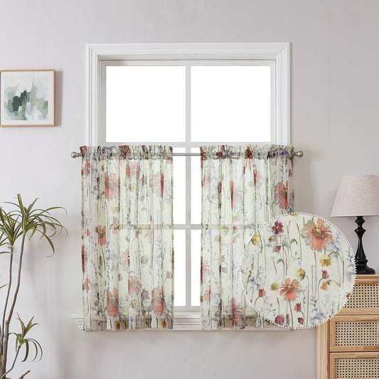 Crushed Sheer Curtains Kitchen Tiers 36 Inch Length 2 Panels, Printed Design Small Window Half Curtains for Bathroom Cafe Bedroom Cupboard Living Room, Short Light Filtering Curtain, 42"X36"