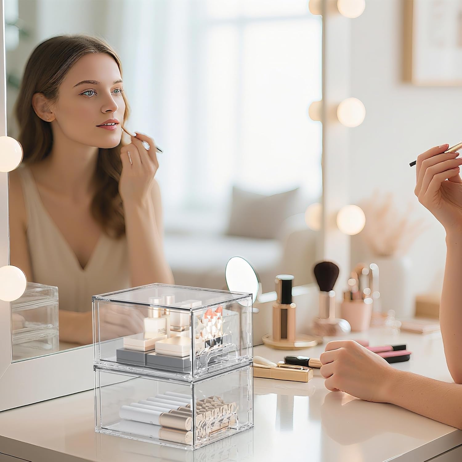 2 Pack Stackable Storage Drawers, Makeup Skincare Holder Vanity Storage Organizer, Plastic Drawers for Vanity Desk, Undersink, Kitchen Cabinet, Pantry, Bottle Organizer Baby and Storage,Clear