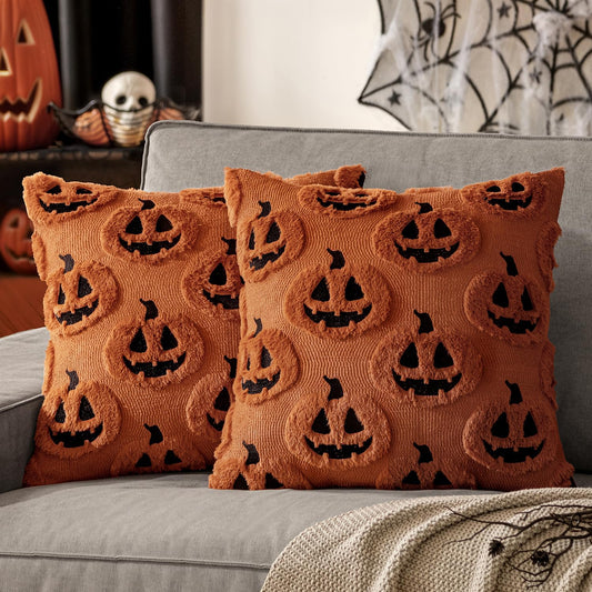 Fall Halloween Throw Pillow Covers 18X18 Decorative Pumpkin Pattern Pillowcases Soft Plush Faux Wool Cushions for Home Patio Sofa Couch,Rust