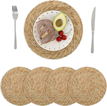 4 Pcs 12 Inch round Woven Placemats, Natural Rattan Braided Place Mats for Dining Table, Wicker Chargers Boho Rustic Farmhouse Heat Resistant Table Mats