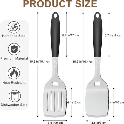 Stainless Steel Grill Spatula for Outdoor Grill, Heavy Duty Metal BBQ Spatula Set with Serrated, Silicone Handle, Solid and Slotted Turner, Grill Tools Burger Spatula for Grilling Cooking
