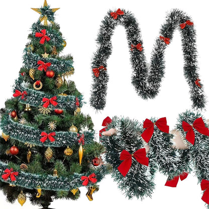 5M Christmas Tinsel Garland Christmas Tree Decorations Silver Foil Tinsel Garland Metallic Hanging Garland for New Year Party Holiday (Green W/Red Bow-16Ft (No Lights))