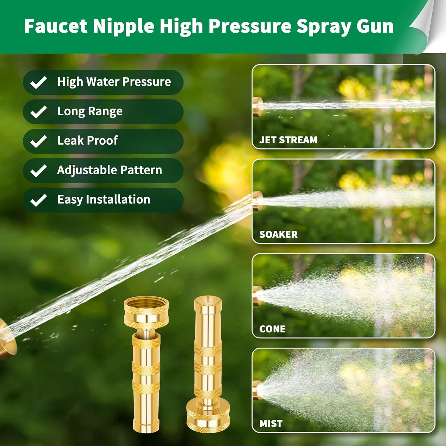 7-Pattern Garden Hose Nozzle & Brass Adjustable High Pressure Nozzles 2 Pack Spray Gun