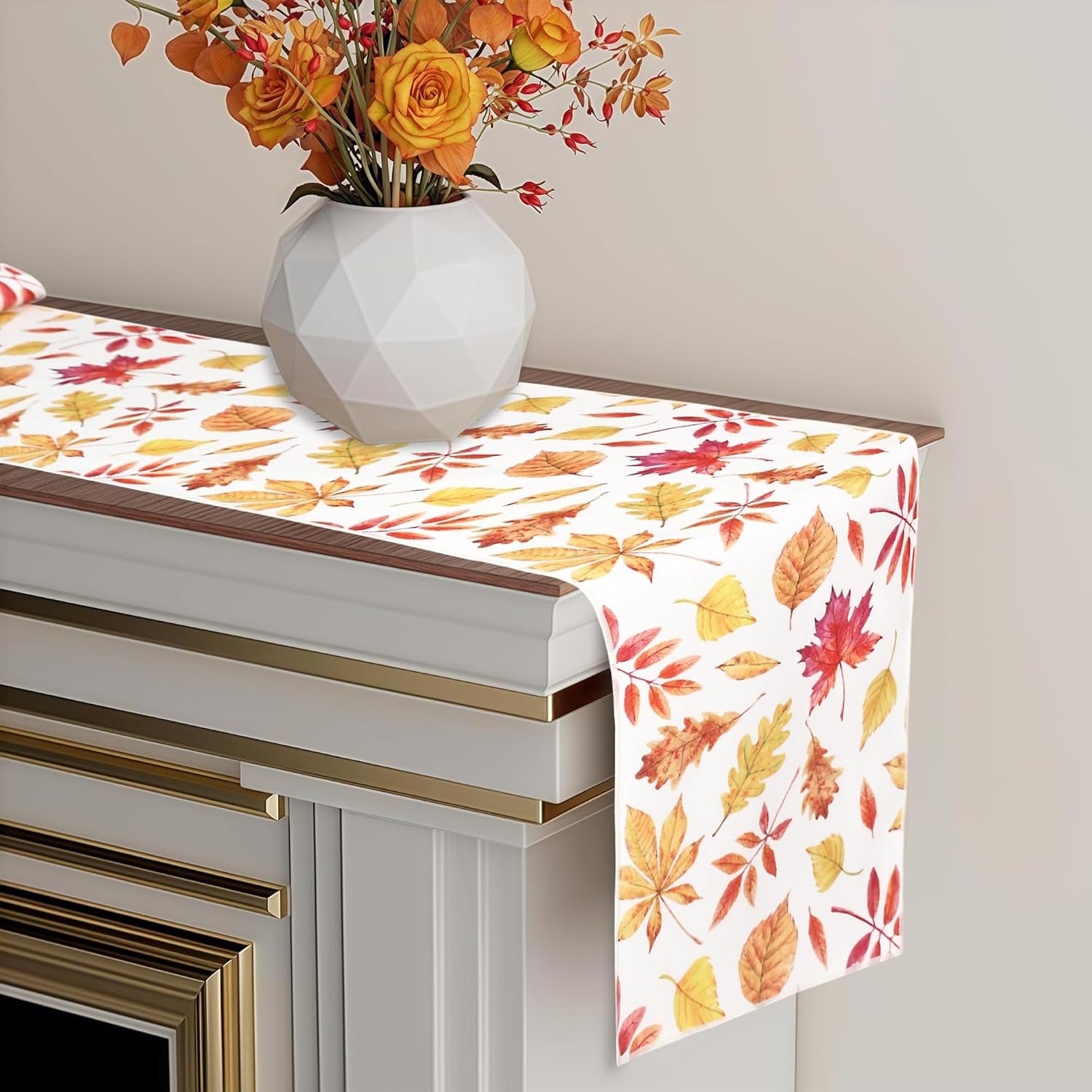 Fall Table Runner for Kitchen Dining Table, Thanksgiving Autumn Printed Harvest Pumpkins Maple Leaves Textured Fabric Halloween Holiday Home Decorations, Water-Proof, Washable, 13" W X 36" L