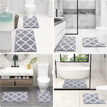 Bathroom Rugs Set 2 Piece, Microfiber Bath Shower Mat and U-Shaped Toilet Rug, Machine Wash Dry, Non-Slip Absorbent Shaggy Bath Mats for Tub, Shower and Bathroom (24"X16"+24"X20", Grey)