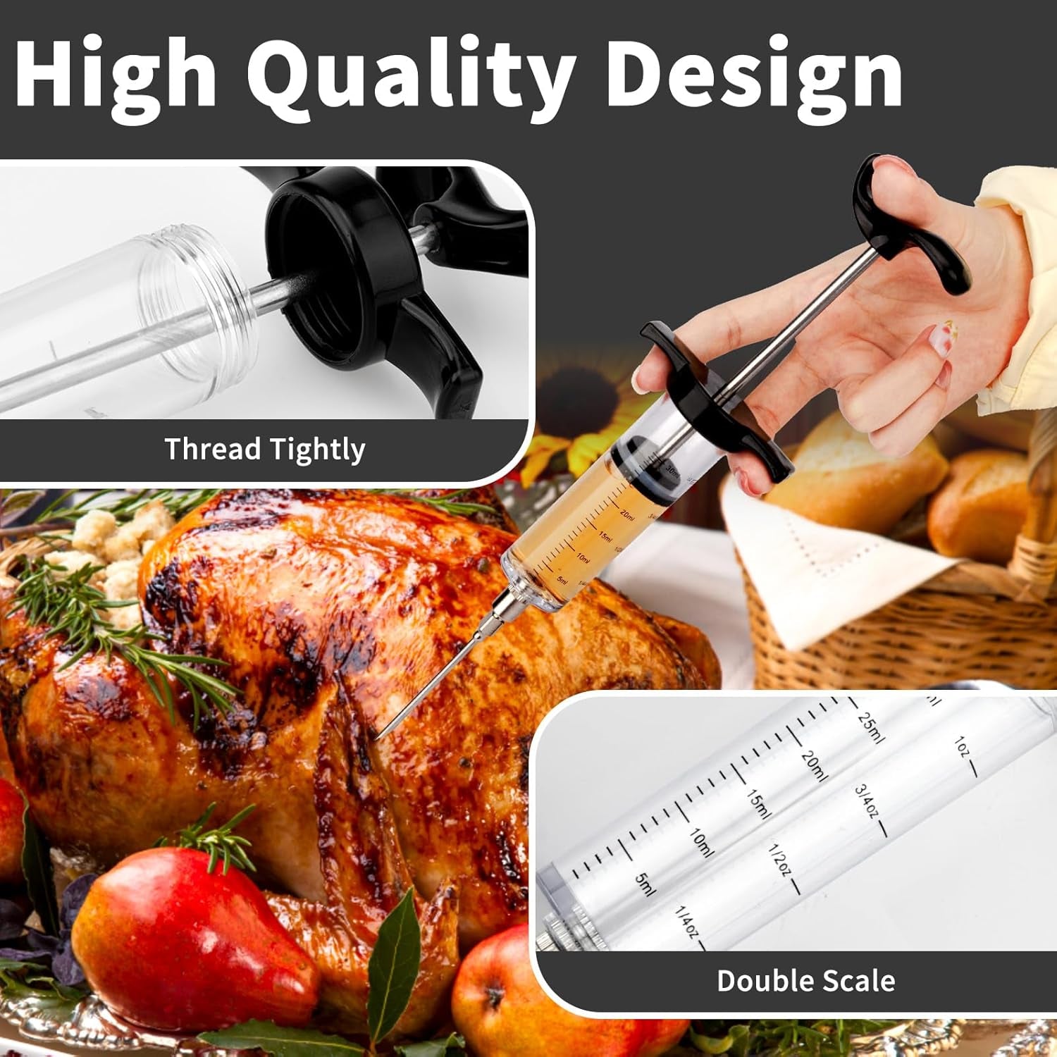 Turkey Meat Injector Syringe Kit with 3 Marinade Needles for BBQ Grill Smoker, 1 Cleaning Brush, 1 Oz/30 Ml Large Capacity Injector Marinades for Meats Black