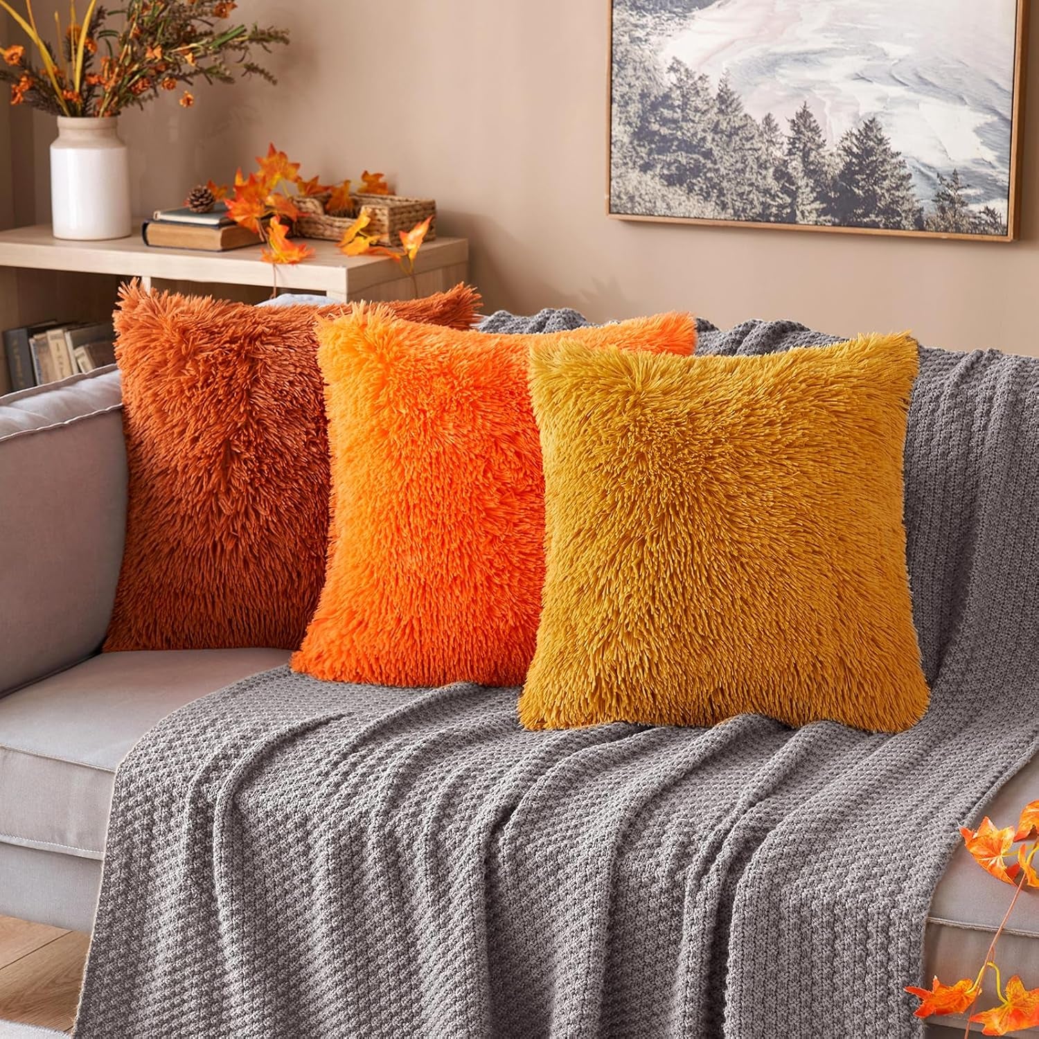 Set of 2 Fall Luxury Faux Fur Throw Pillow Cover Deluxe Decorative Plush Pillow Case Cushion Cover Shell for Sofa Bedroom Car 18X18 Inch Orange Halloween