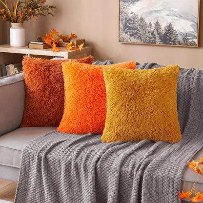 Set of 2 Fall Luxury Faux Fur Throw Pillow Cover Deluxe Decorative Plush Pillow Case Cushion Cover Shell for Sofa Bedroom Car 18X18 Inch Orange Halloween