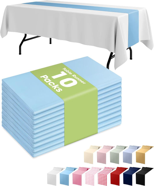 Light Blue Plastic Table Runners - 10 Pack, 14'' X 108'', Water Resistant & Disposable Centerpiece Decorations for Table Cloth, Wedding, Birthday, Holiday, Baby Shower, Party, Home Decor