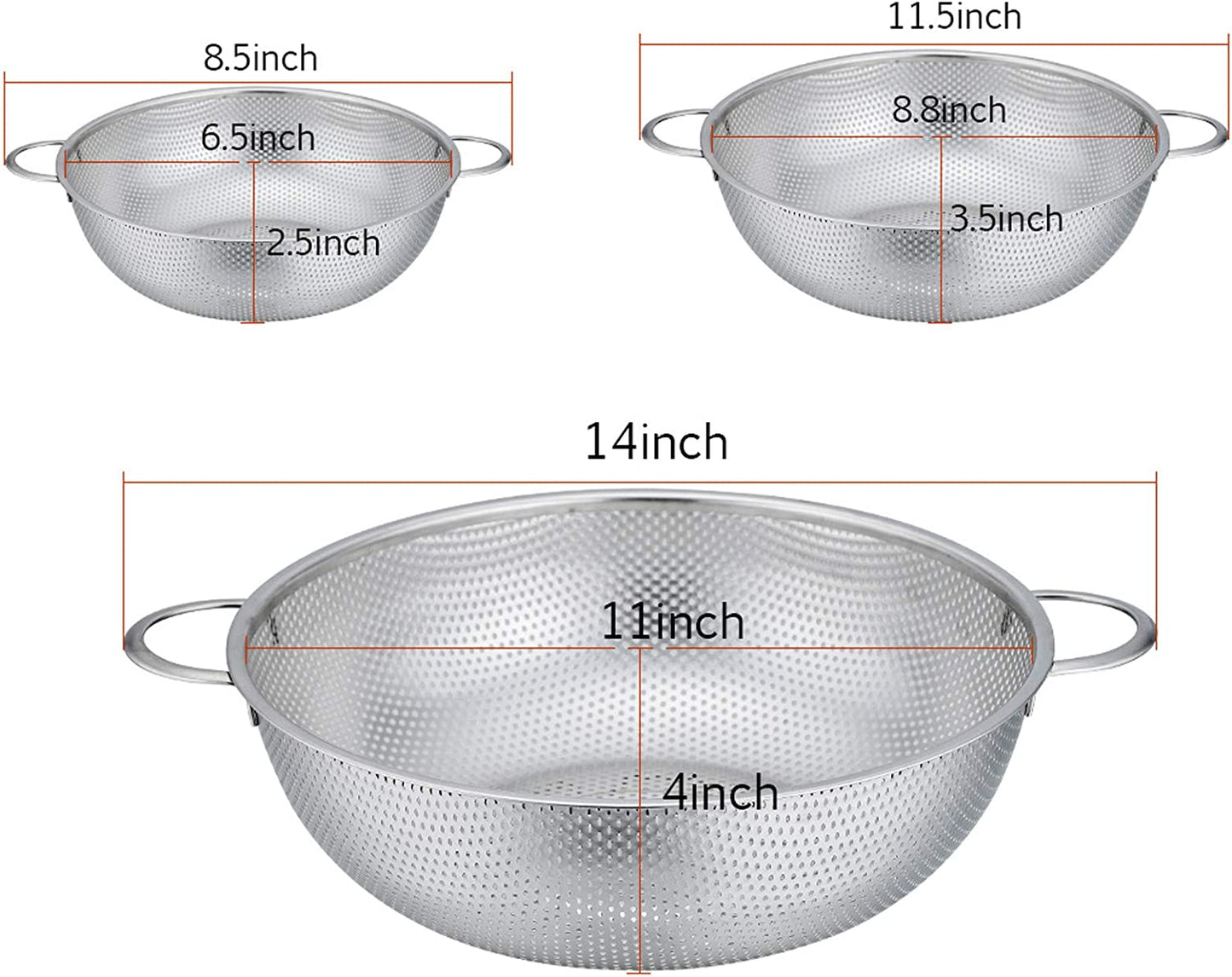 Colander Set of 3, Stainless Steel Micro-Perforated Colanders Strainers for Draining Rinsing Washing, Ideal for Pasta Vegetables Fruits, Heavy Duty & Dishwasher Safe - 1/3/5 Quart