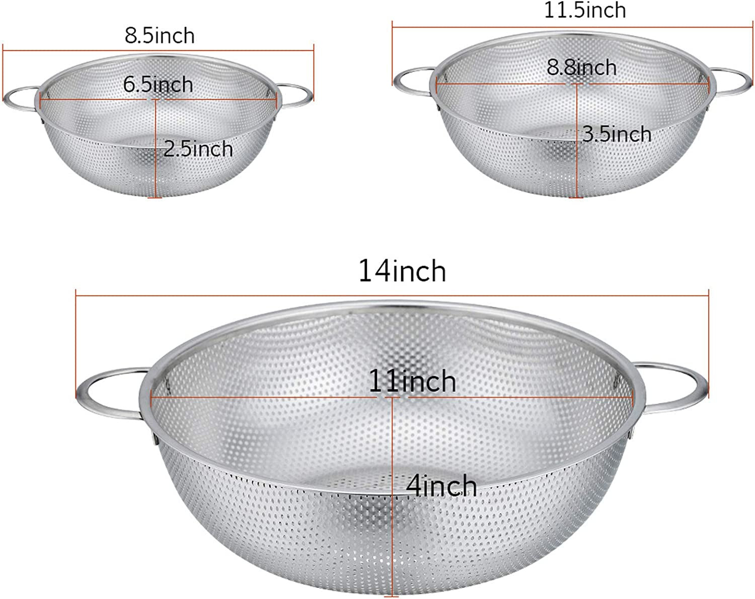 Colander Set of 3, Stainless Steel Micro-Perforated Colanders Strainers for Draining Rinsing Washing, Ideal for Pasta Vegetables Fruits, Heavy Duty & Dishwasher Safe - 1/3/5 Quart
