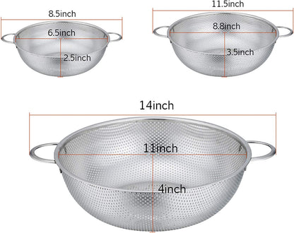 Colander Set of 3, Stainless Steel Micro-Perforated Colanders Strainers for Draining Rinsing Washing, Ideal for Pasta Vegetables Fruits, Heavy Duty & Dishwasher Safe - 1/3/5 Quart