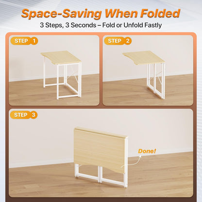 Compact Folding Desk for Small Spaces - 31.5 Inch Oak Computer Table for Home Office, Study, Bedroom, and Dorm Use - Space-Saving Design with Easy Fold Feature
