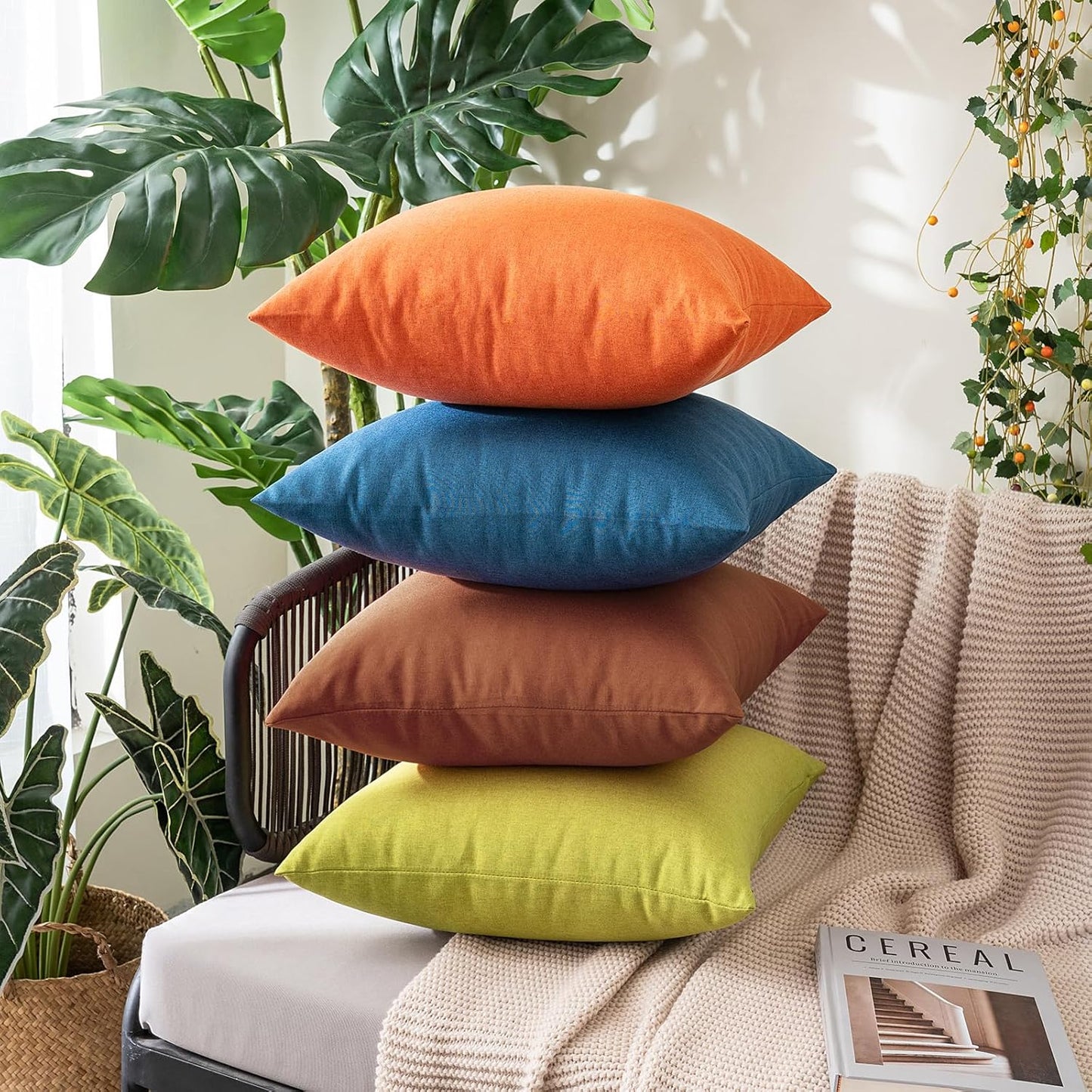 Pack of 2 Decorative Outdoor Solid Waterproof Fall Throw Pillow Covers Faux Linen Garden Farmhouse Cushion Cases for Summer Patio Tent Balcony Couch Sofa 18X18 Inch Bright Orange