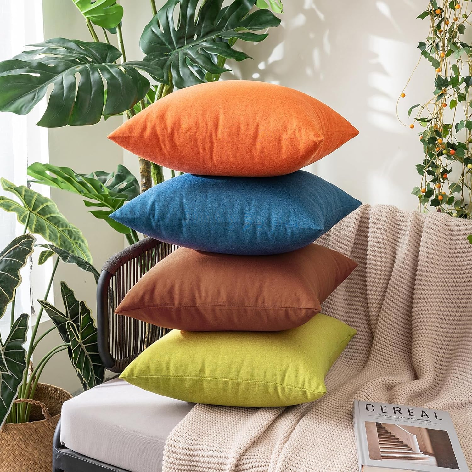 Pack of 2 Decorative Outdoor Solid Waterproof Fall Throw Pillow Covers Faux Linen Garden Farmhouse Cushion Cases for Summer Patio Tent Balcony Couch Sofa 18X18 Inch Bright Orange